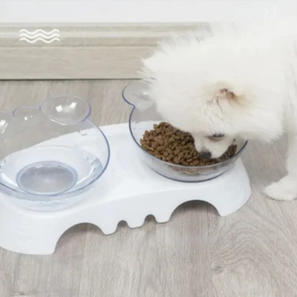 Comedouro E Bebedouro Duplo Para Cães E Gatos Com Elevação Postura Correta Com Orelinhas 250ml/250gr