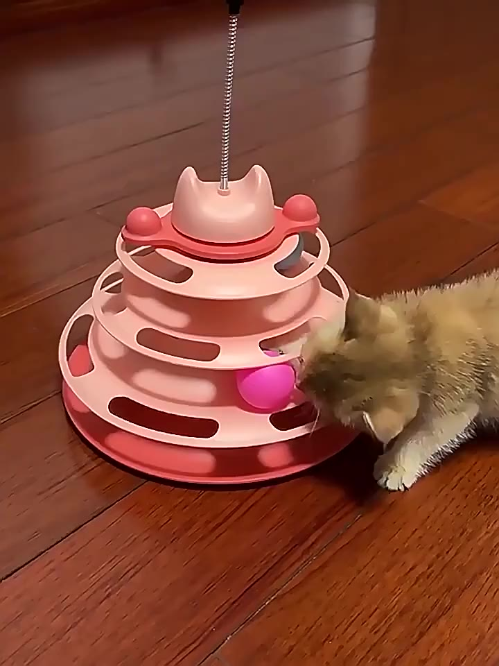 Torre interativa de três andares para gatos, com brinquedos, desmontável, com bola rolante e penas incluídas