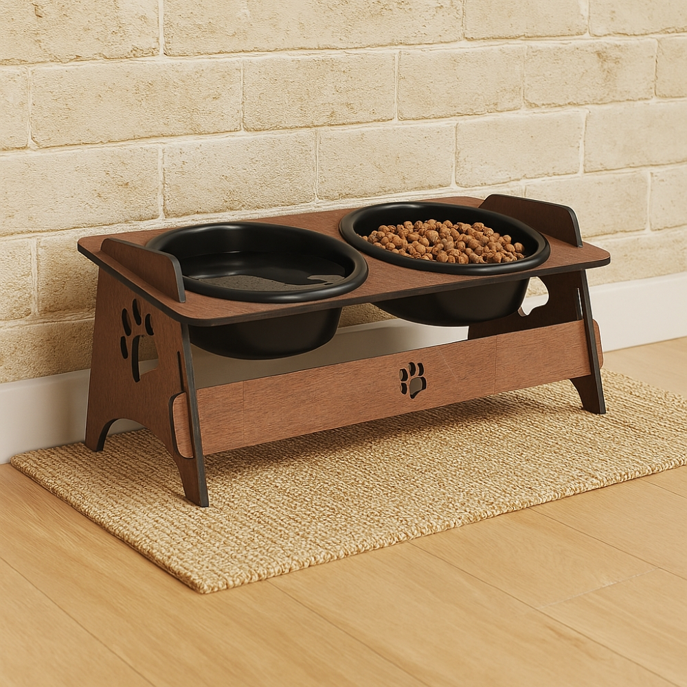 Comedouro Elevado Inclinável Pet Ração e Água Para Cachorros e Gatos em MDF Com 1 Ou 2 Potes Tigela